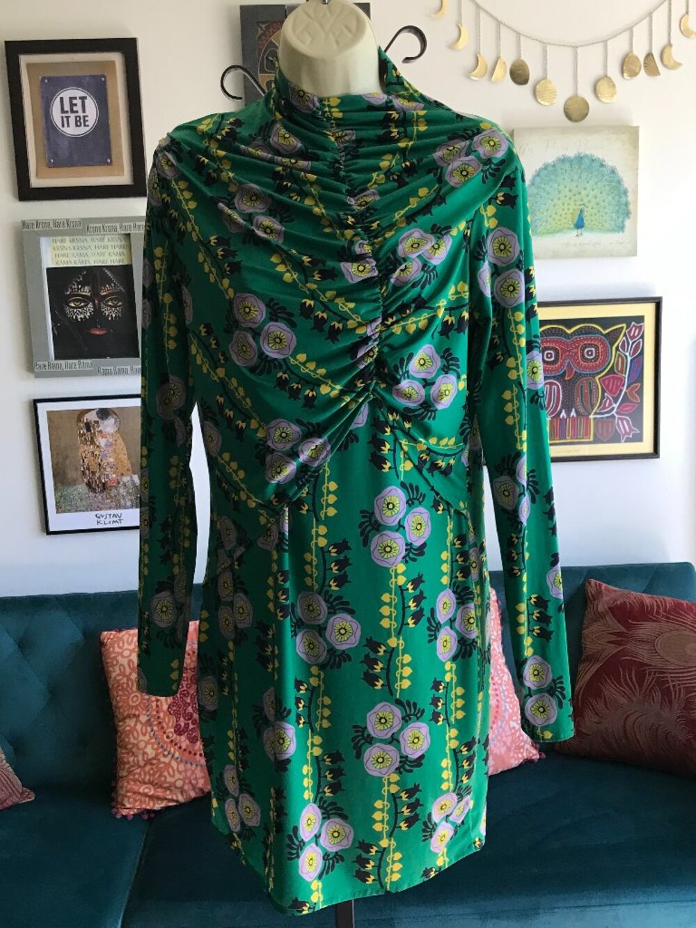 ZARA size M Green Floral Mock Neck Asymmetric Ruched Body Con Mini Dress